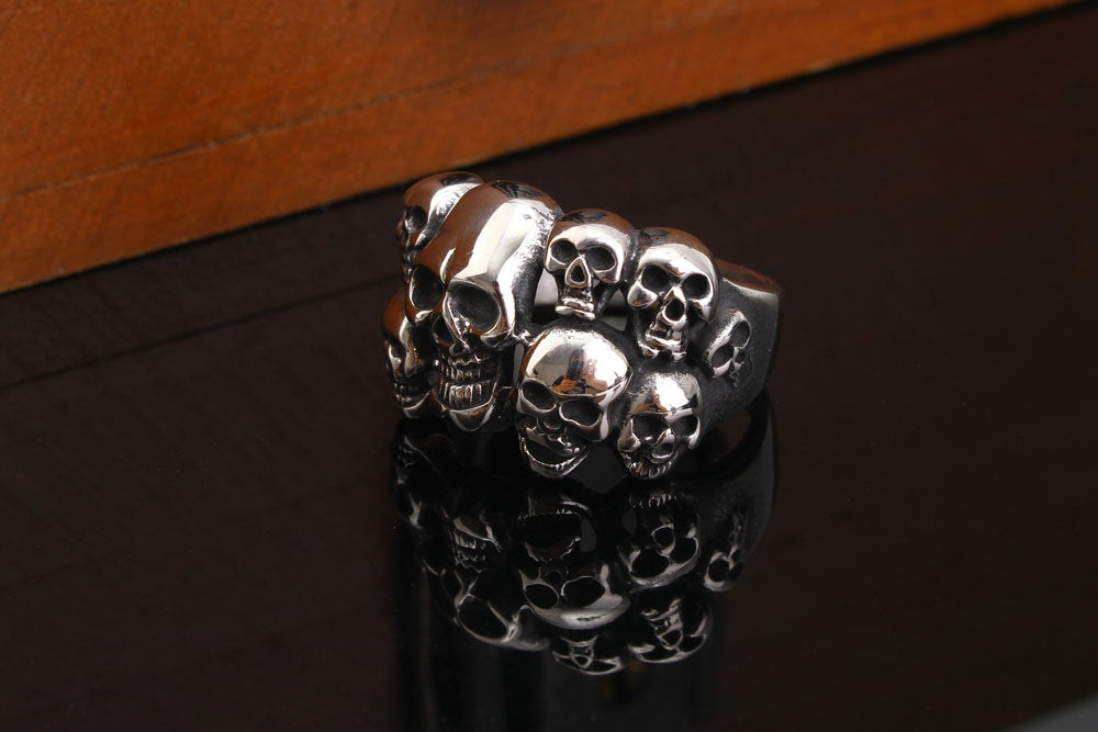 This Titanium Steel Skulls ring is a great choice for anyone looking for a stylish, durable accessory. It is crafted from titanium steel for superior strength and enhanced resistance against water and rust. The striking design features multiple gleaming skulls for a unique, eye-catching look.