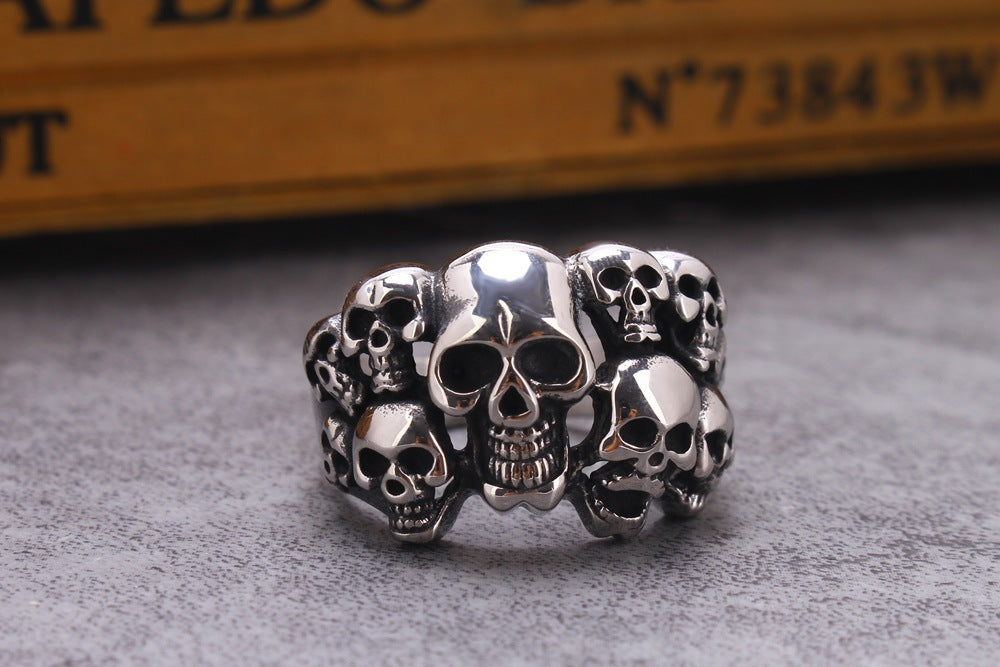 This Titanium Steel Skulls ring is a great choice for anyone looking for a stylish, durable accessory. It is crafted from titanium steel for superior strength and enhanced resistance against water and rust. The striking design features multiple gleaming skulls for a unique, eye-catching look.