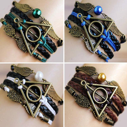 Vintage Owl Multi Layers Bracelet with Harry Potter sign of the Deathly Hallows