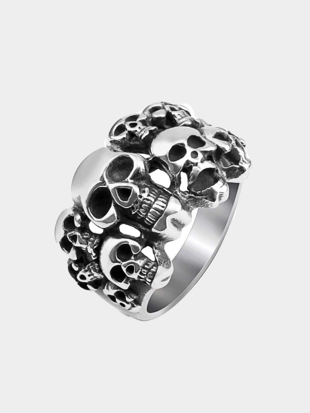 This Titanium Steel Skulls ring is a great choice for anyone looking for a stylish, durable accessory. It is crafted from titanium steel for superior strength and enhanced resistance against water and rust. The striking design features multiple gleaming skulls for a unique, eye-catching look.