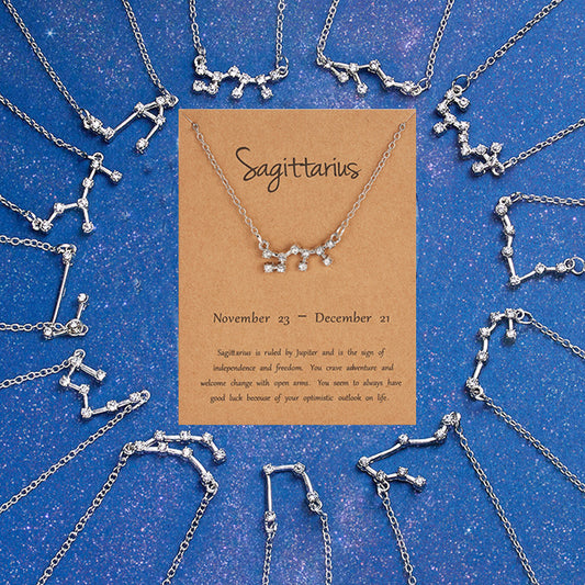 Starry Sky Graphic Twelve Constellations Rhinestone Paper Card Necklace