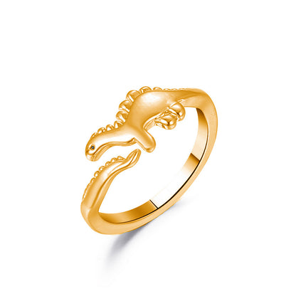 Lindo anillo abierto ajustable con dinosaurio dorado 