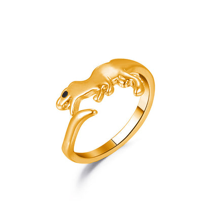 Lindo anillo abierto ajustable con dinosaurio dorado 